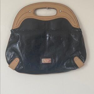 Nine West Black and Tan Clutch with Wooden Handle